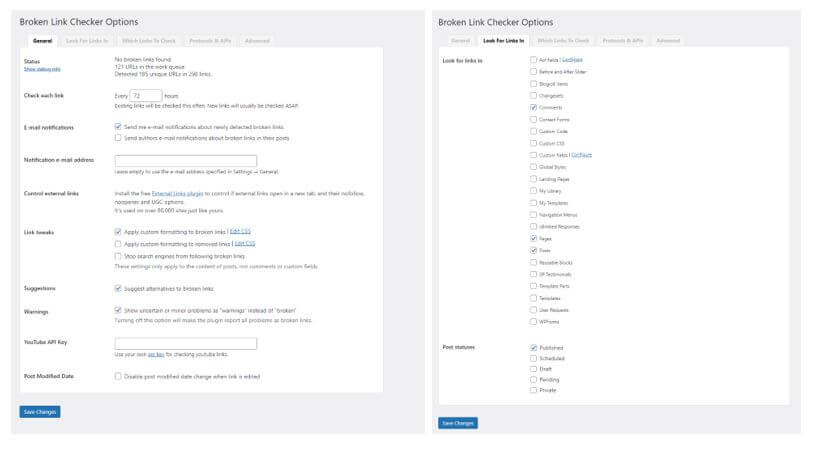 Wordpress Admin - Broken Link Checker Options