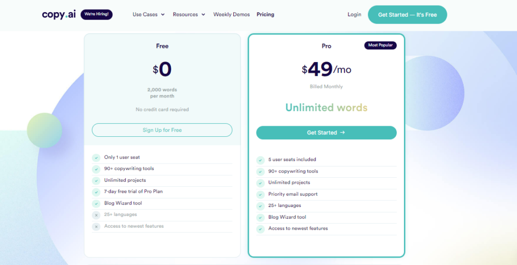 copy.ai pricing