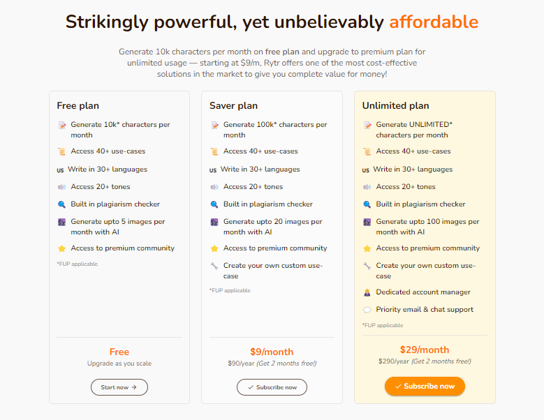 rytr AI tool pricing