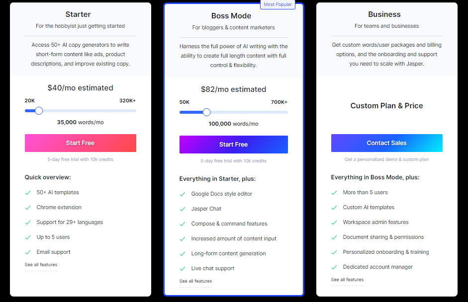 jasper ai tool pricing
