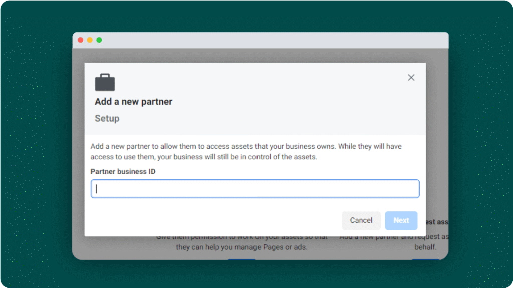 Enter Meta Partner business ID in Facebook business and Click on next to add partner