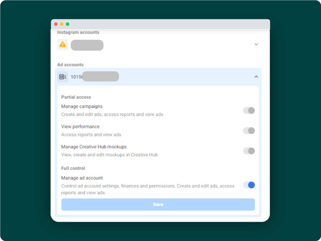 Facebook Manager - Choose access levels as per requirement.